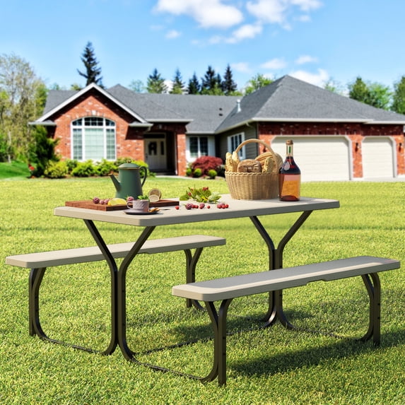 Dextrus Picnic Table Bench Set 6 ft Outdoor Camping with Stable Steel Frame & Wooden Texture Tabletop Weather Resistant w/Umbrella Hole - Light Brown