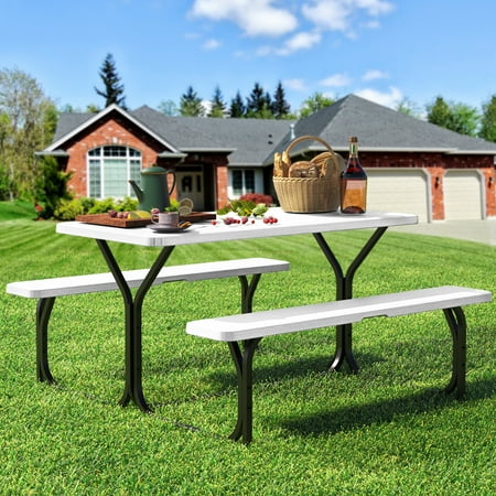 Dextrus Picnic Table Bench Set 6 ft Outdoor Camping with Stable Steel Frame & Wooden Texture Tabletop Weather Resistant w/Umbrella Hole - White