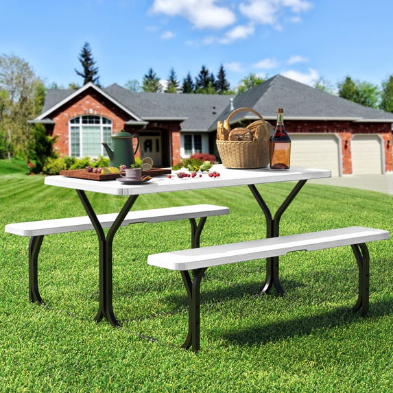 Dextrus Picnic Table Bench Set 6 ft Outdoor Camping with Stable Steel Frame & Wooden Texture Tabletop Weather Resistant w/Umbrella Hole - White
