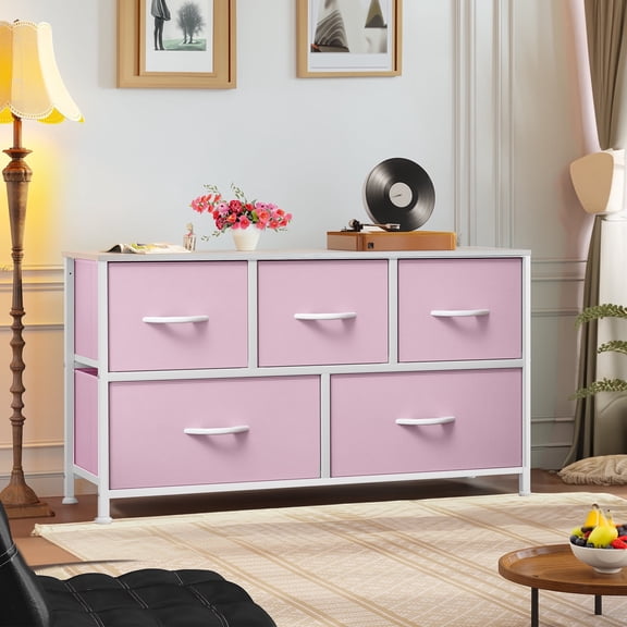 DEXTRUS 5 Drawers Wide Storage Fabric Dresser with Sturdy Steel Frame for Bedroom, Living Room fot Adult, Pink