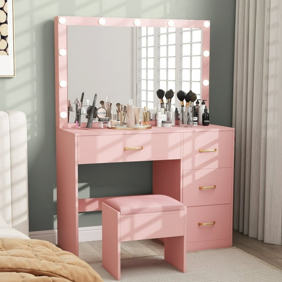 Dextrus Pink Adults Vanity Desk Set – LED Mirror, Power Outlets, Cushioned Stool, 4 Drawers, 3-Color Adjustable Lighting