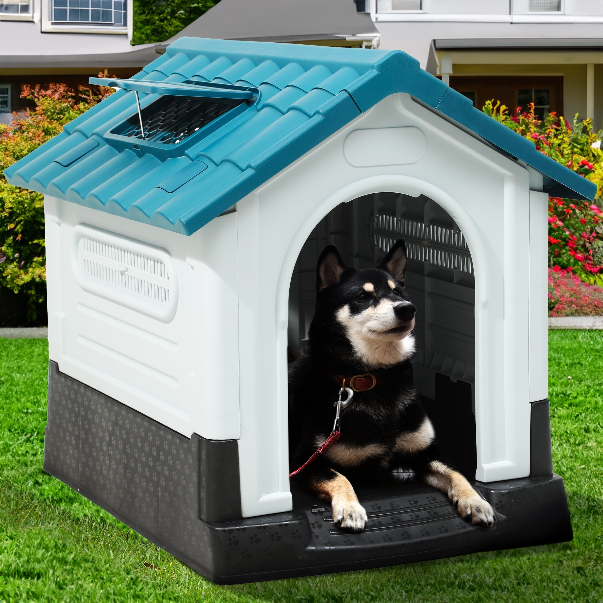 Dextrus Plastic Dog House Outdoor Indoor Durable Plastic Dog House - (33.1"D x 27.6"W x 30"H) Spacious and Weatherproof Pet Shelter, Blue