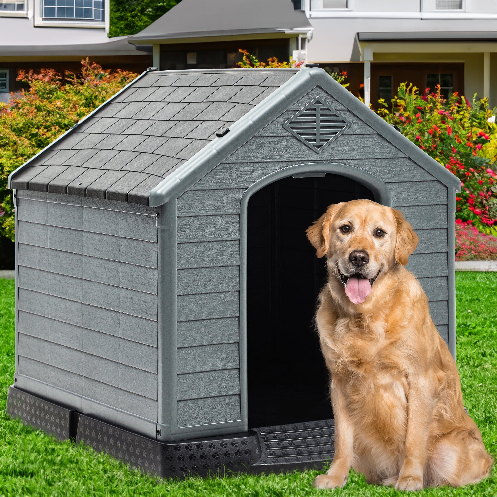 Dextrus 41" Weatherproof Plastic Dog House for Small to Large Dogs, Elevated Floor, Ventilated, Black & Grey