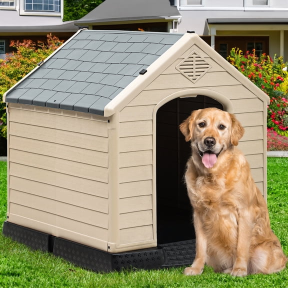 Dextrus Plastic Dog House Outdoor Indoor for Small Medium Large Dogs,Weatherproof Dog Houses with Elevated Floor and Air Vents,Durable Ventilate,41''L*38''W*39''H,Grey&Brown