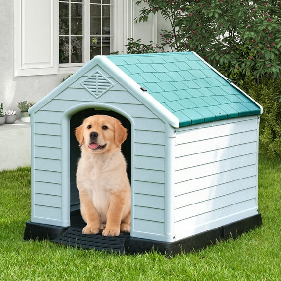 Dextrus Plastic Dog House,Outdoor Indoor Waterproof Dog Houses with Elevated Floor and Air Vents,Durable Ventilate & Easy Clean and Assemble,28.5"L*26"W*28"H, Blue