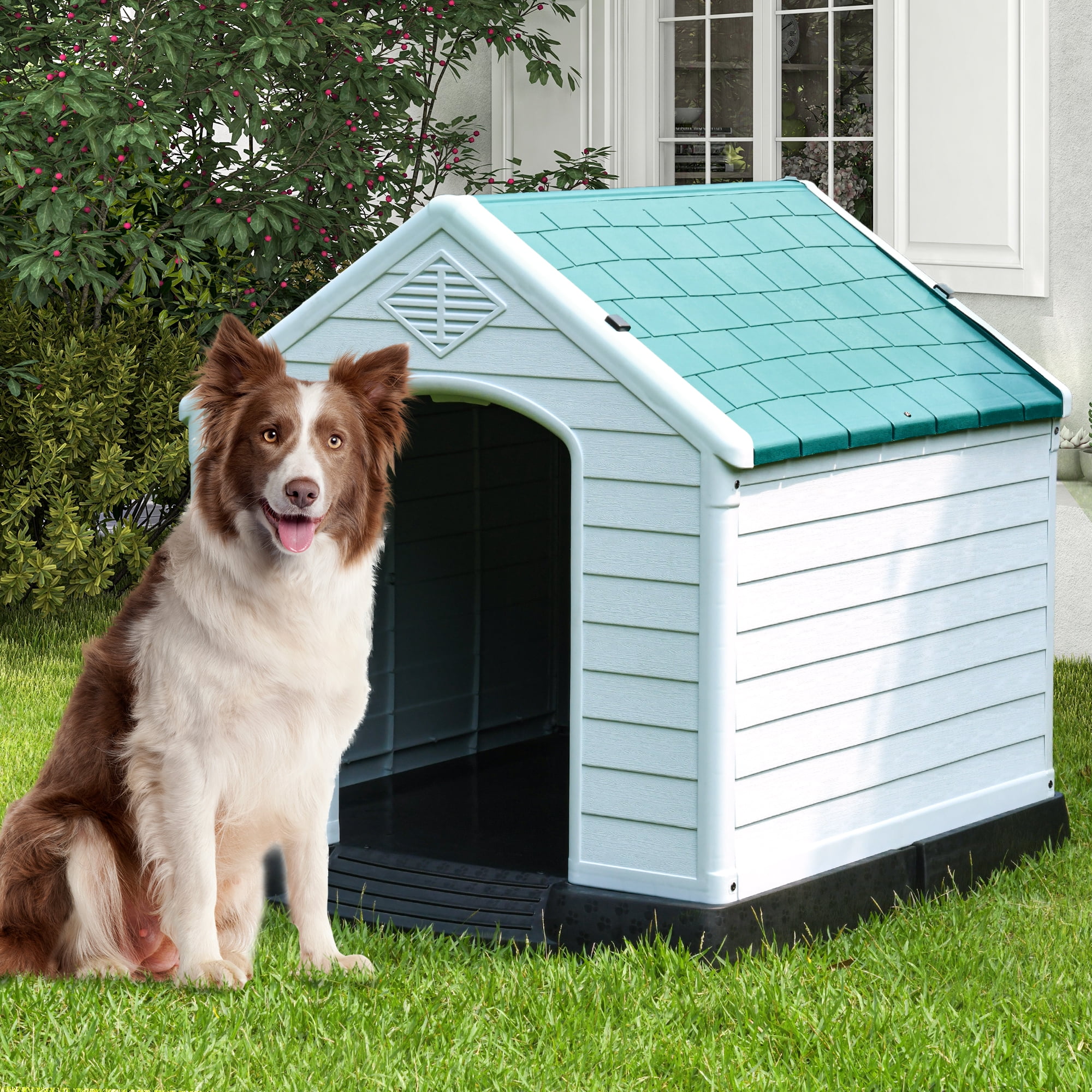 Dextrus Plastic Dog House,Outdoor Indoor Waterproof Dog Houses with Elevated Floor and Air Vents,Durable Ventilate & Easy Clean and Assemble,34.5''L x 30.9''W x 32''H,Blue