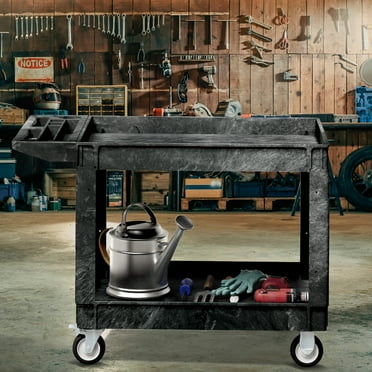 Dextrus Heavy-Duty Plastic Service Utility Cart - 550 lbs Capacity, 2-Tier Rolling Storage Organizer with Deep Shelves for Warehouse, Garage, and Home, Black
