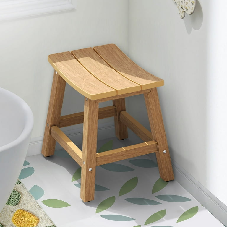 Compact X Shape Teak Shower Outdoor Bench with Shelf in Brown Finish Compact X Shape Teak Shower Outdoor Bench with Shelf in Brown Finish