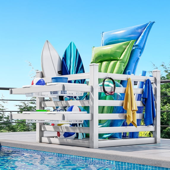Dextrus Poolside Deckbox Storage Organizer measuring 64" W x 47" L x 39" H, featuring 6 Movable Hooks and Weather-resistant Pool Storage Bins