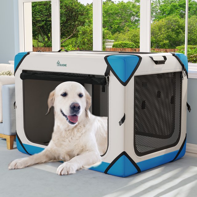 "Dextrus Portable Dog Travel Crate, Collapsible with 4 Mesh Doors, Soft