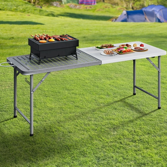 Dextrus Portable Folding Grill Table, 6Ft Metal Outdoor Table with Mesh Surface, 2-in-1 Design for Camping, BBQ, Picnic, White