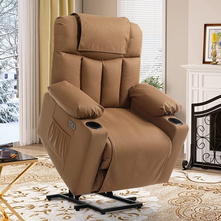 Dextrus Power Lift Recliner Chair for Elderly, Leather Recliner Chair with Massage, USB Ports, Cup Holders, Side Pockets, Removable Covers, Remote Control - Brown