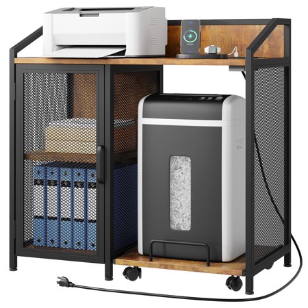 Dextrus Printer Stand with Storage,Printer Table with Paper Shredder Stand On Wheel, Shredder Stand Rack with Socket and USB Charging Port,Lateral Filing Cabinets for Home Office, Brown