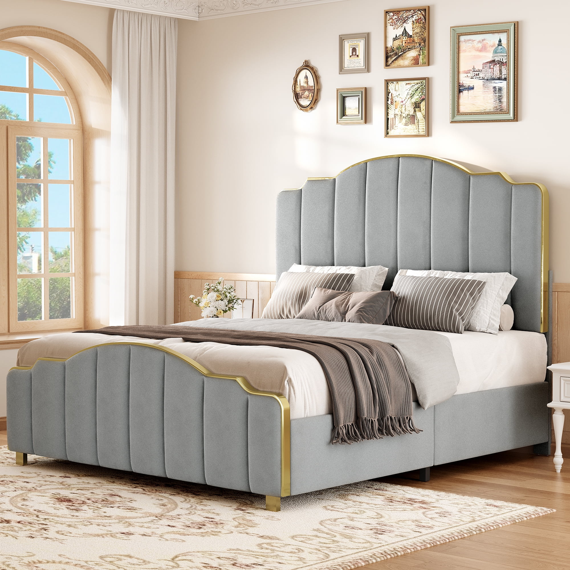 Dextrus Queen Luxurious Velvet Upholstery, Tall Headboard Bed Frame,No Box Spring Required - Gray Dextrus Queen Luxurious Velvet Upholstery, Tall Headboard Bed Frame,No Box Spring Required - Gray