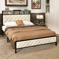 thumbnail image 1 of Dextrus Queen Bed Frame with Power Outlets, Platform Bed Frame with Upholstered Headboard & Footboard, Open Storage, Sturdy Slats, No Box Spring Needed, Beige, 1 of 8
