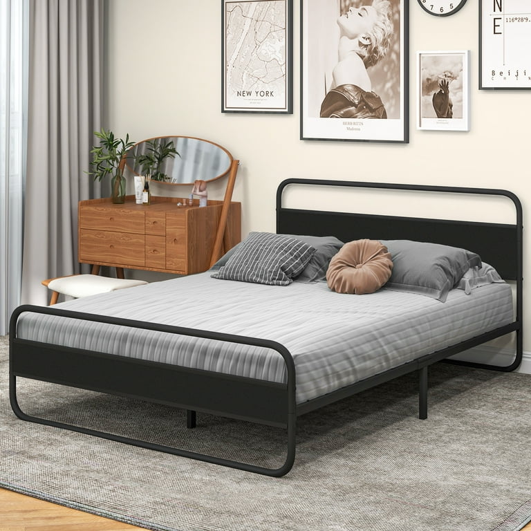 Free Shipping Dextrus Queen Bed Frame Sturdy Metal Platform with Wooden Headboard and Safe Rounded Corners Black Walmart