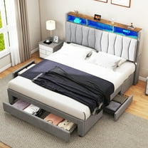 Dextrus Queen Bed Frame with Storage, Adjustable LED, Upholstered Headboard & Charging Station, Gray