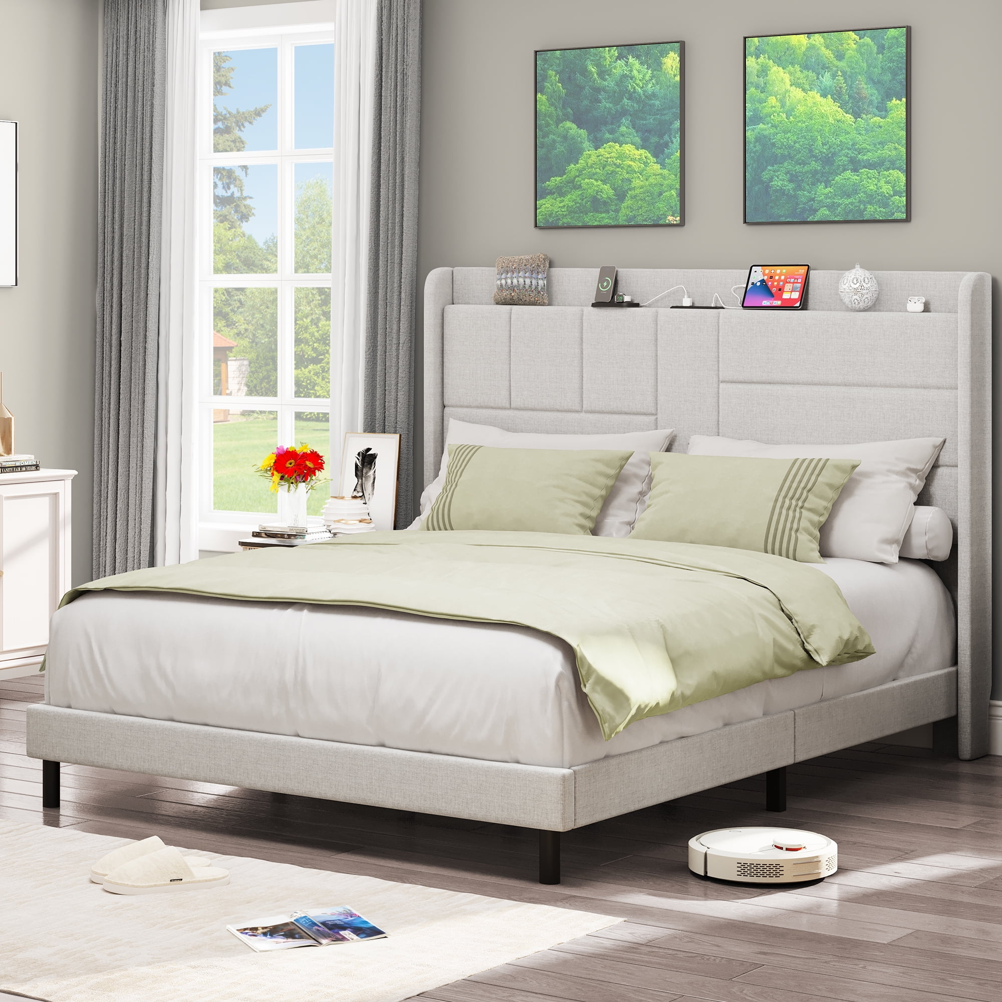 Dextrus Queen Bed Frame with USB Charging Station, Linen Upholstery, Tall Headboard, No Box Spring Needed, Sturdy Wood Slats Support - Beige