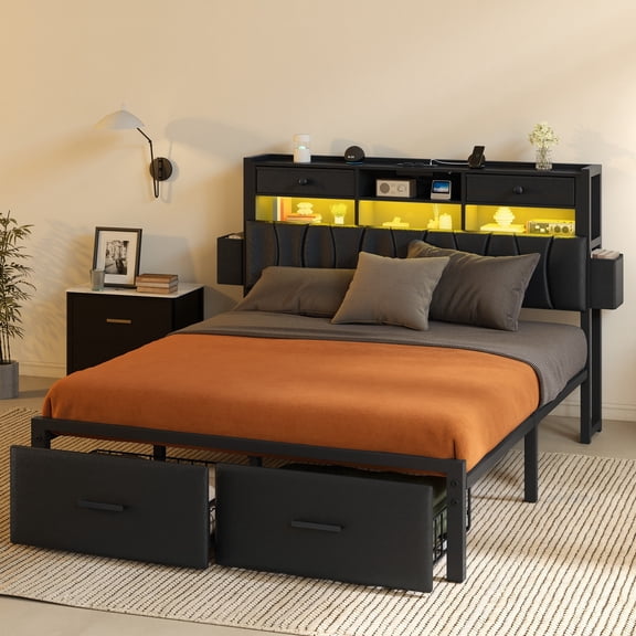Dextrus Queen Faux Leather Upholstered Bed Frame with Storage Foot Drawer, Noise Free Design, No Box Spring Required for Bedroom