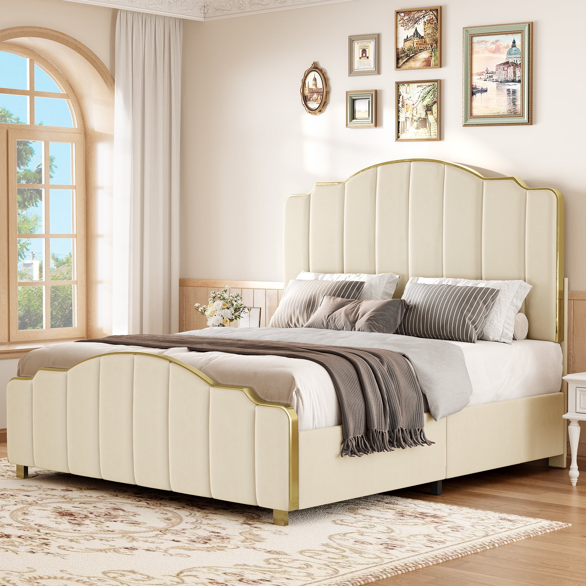 Dextrus Queen Luxurious Velvet Upholstery, Tall Headboard Bed Frame,No Box Spring Required - Gray