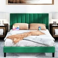 thumbnail image 1 of Dextrus Queen Size Bed Frame, Green Upholstered Bed Frame with USB Ports, Vertical Channel Velvet Headboard Platform Bed Frame, No Box Spring Needed, 1 of 7