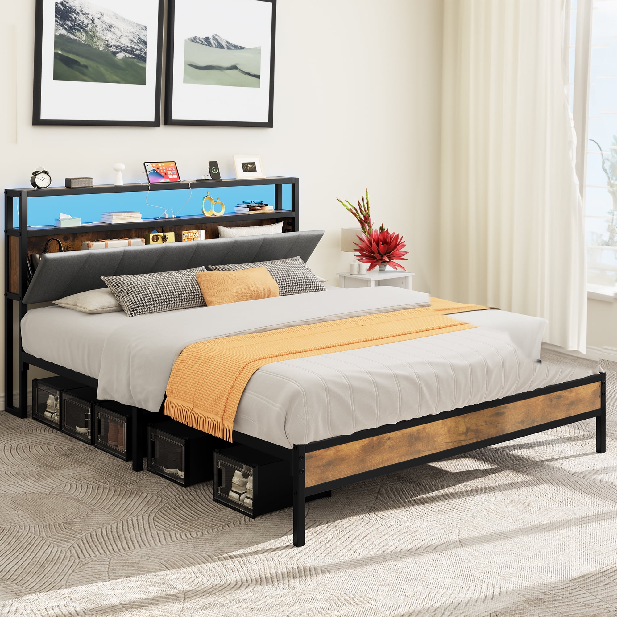 Dextrus Queen Size Bed Frame, LED Platform Bed Frame with Storage ...