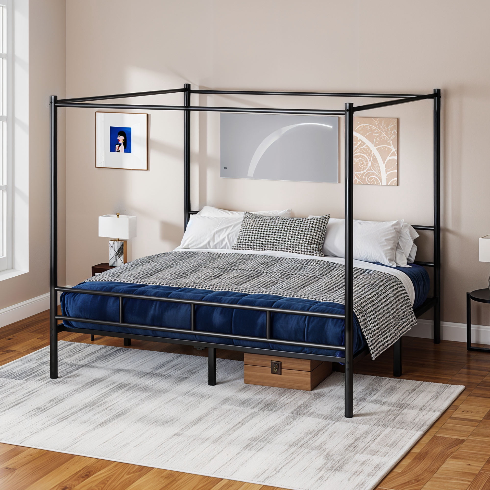 Dextrus Queen Size Bed Frame, Metal Canopy Four Poster Bed Frame,No Box Spring Needed, Black