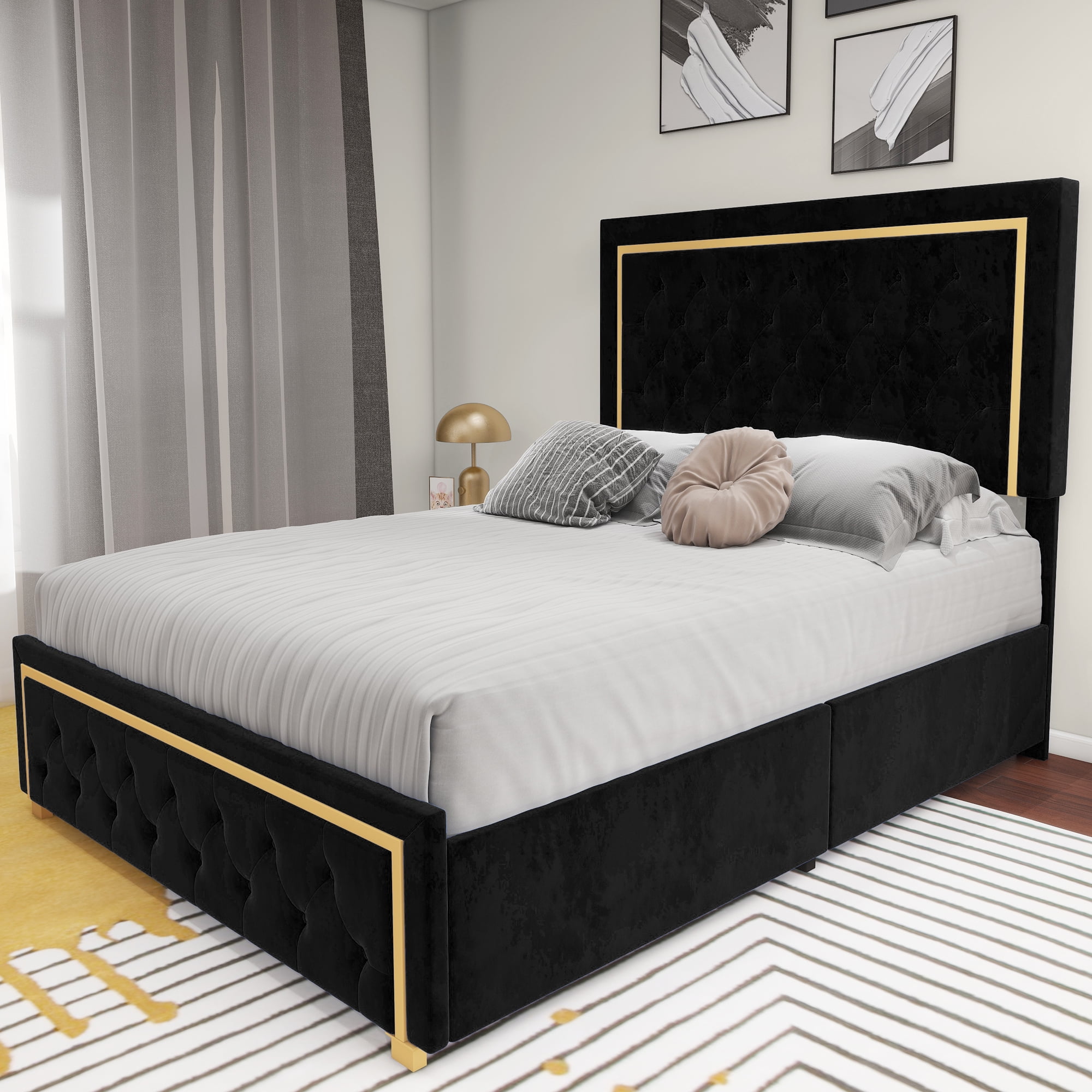 Dextrus Queen Size Bed Frame with Tall Button-Tufted Headboard, Luxurious Velvet Upholstery, Modern Platform Bed Frame with Gold Trim, No Box Spring Required - Black