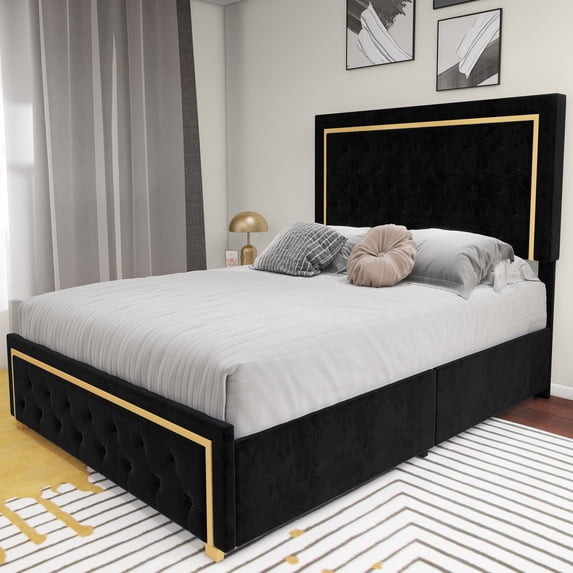 Dextrus Queen Size Bed Frame with Tall Button-Tufted Headboard, Luxurious Velvet Upholstery, Modern Platform Bed Frame with Gold Trim, No Box Spring Required - Black