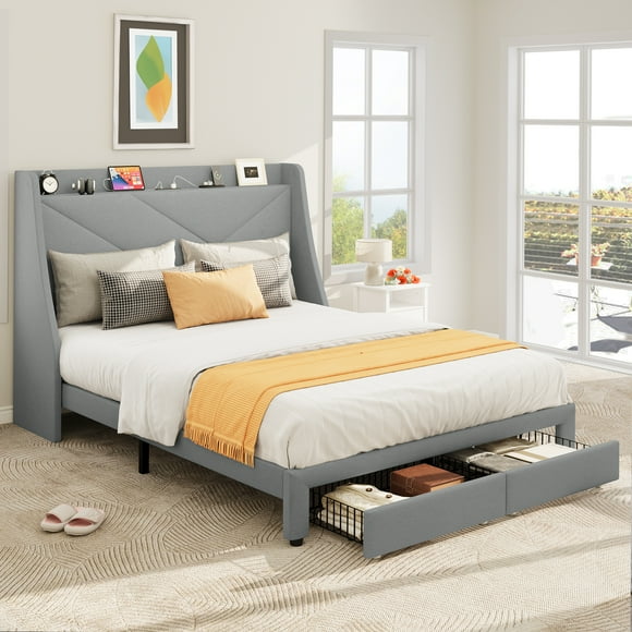 Dextrus Queen Size Bed Frame with Type-C & USB Port and 2 Drawers, Storage Bed Frame, Upholstered Headboard Storage Shelf Platform Bed, No Box Spring Needed, Grey