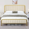 thumbnail image 1 of Dextrus Queen Size Bed Frame, Upholstered Bed Frame with Velvet Headboard, Heavy Duty Mattress Foundation, Strong Metal Slats Support, No Box Spring Needed, Gold & Beige, 1 of 5