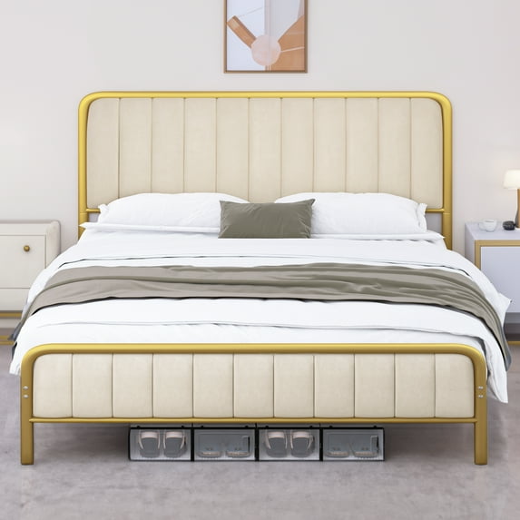 Dextrus Queen Size Bed Frame, Upholstered Bed Frame with Velvet Headboard, Heavy Duty Mattress Foundation, Strong Metal Slats Support, No Box Spring Needed, Gold & Beige