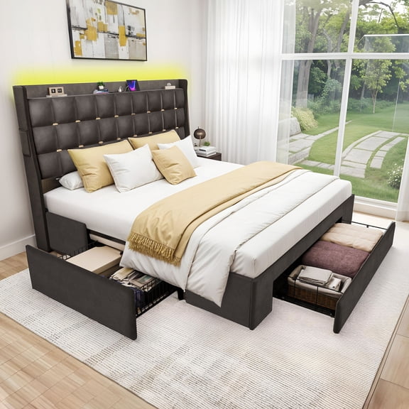 Dextrus Queen Size Bed Frame with 3 Storage Drawers & RGB LED Lights, No Box Spring Needed, Noise-Free, Easy Assembly, Grey