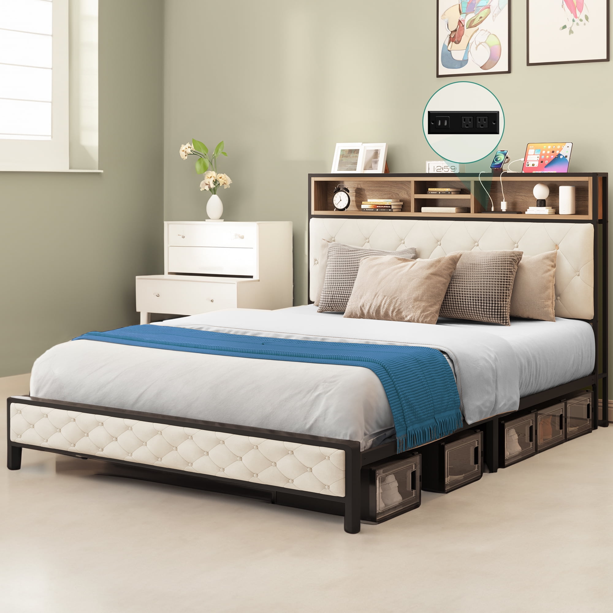 Dextrus Queen Size Bed Frame with Charging Station Footboard Metal ...