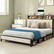 Dextrus Queen Size Bed Frame with Charging Station Footboard Metal Slats, and Storage Headboard, Beige