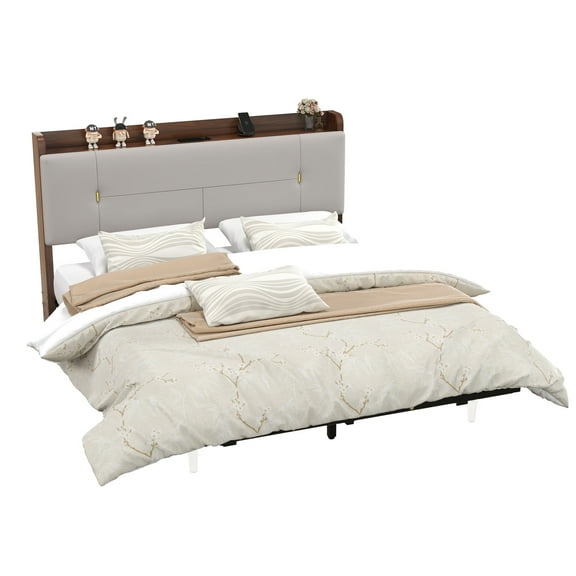 Dextrus Queen Size Bed Frame with Illuminated LED, Floating Design and Power Station, Modern Upholstered Platform, No Box Spring Needed, Light Gray