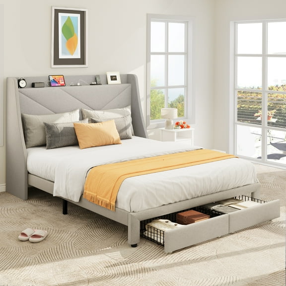 Dextrus Queen Size Bed Frame with Type-C & USB Port and 2 Drawers, No Box Spring Needed, Beige