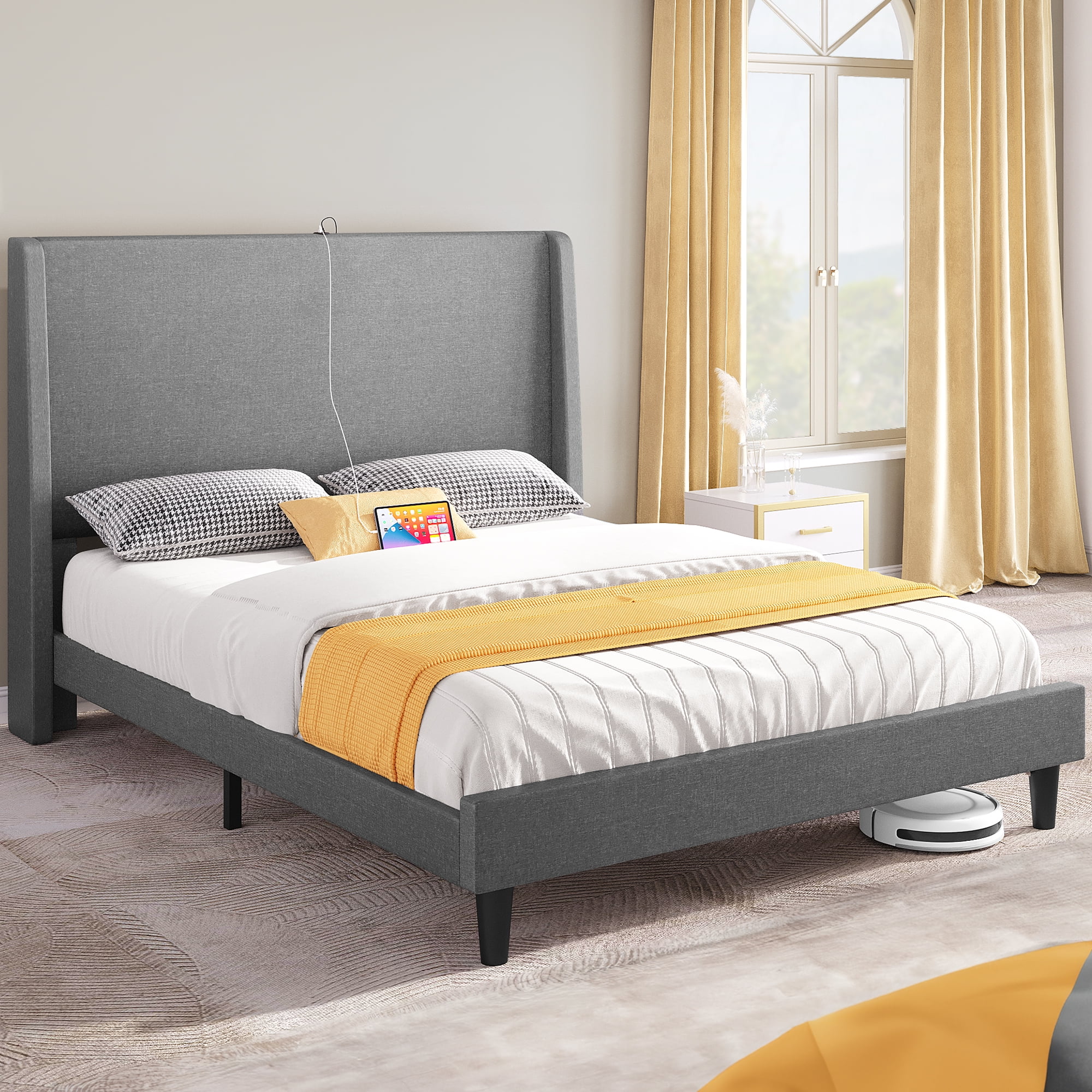 Dextrus Queen Size Bed Frame with a 50-inch Tall Headboard,No Requirement for Box Spring,Grey