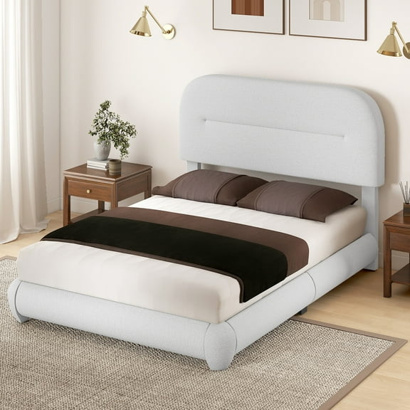 Dextrus Queen Size Boucle Bed Frame with Adjustable Headboard & Rounded Edges, No Box Spring Needed, White