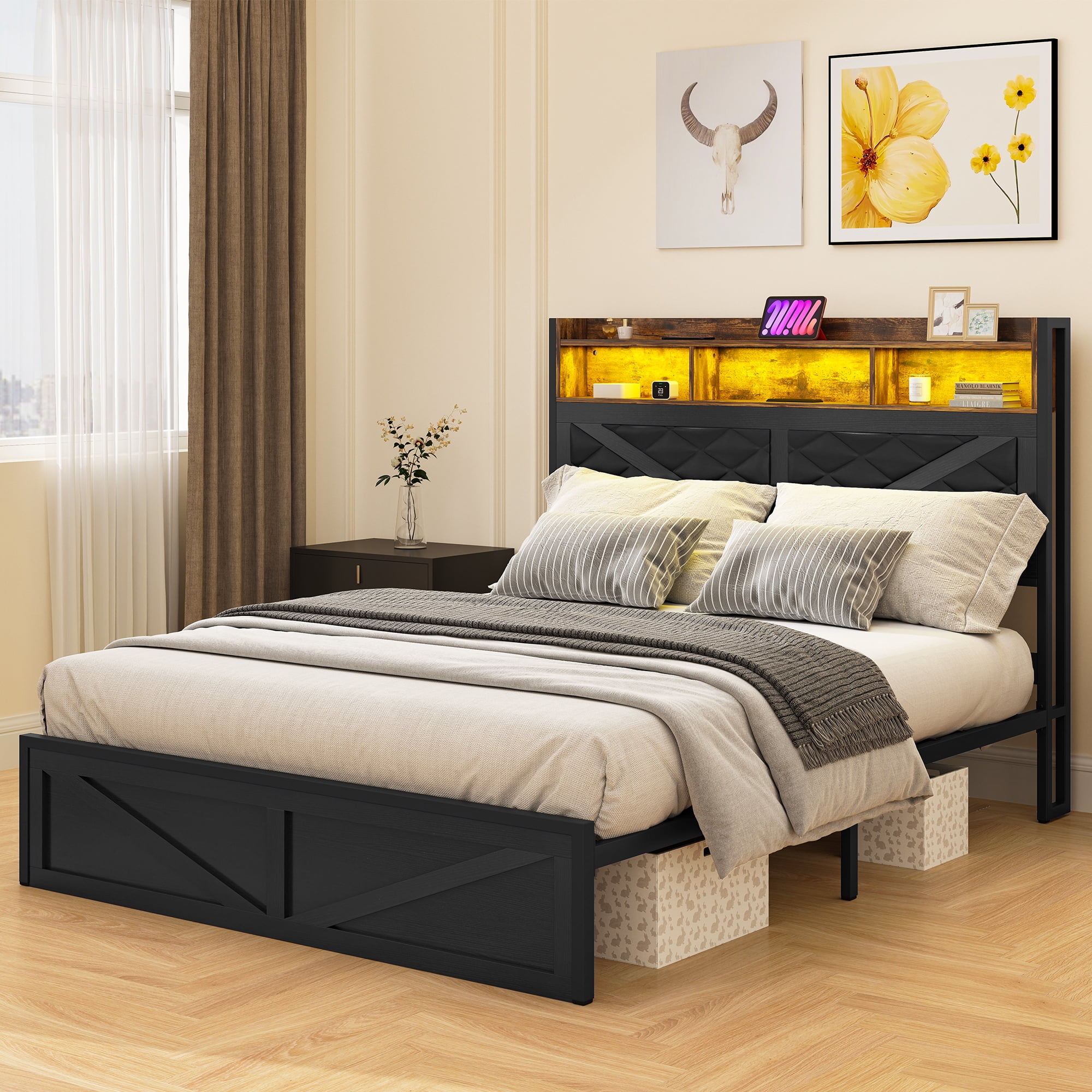 Dextrus Queen Size Distressed Wood Bed Frame with LED Headboard, USB Ports & Dual Storage, Black