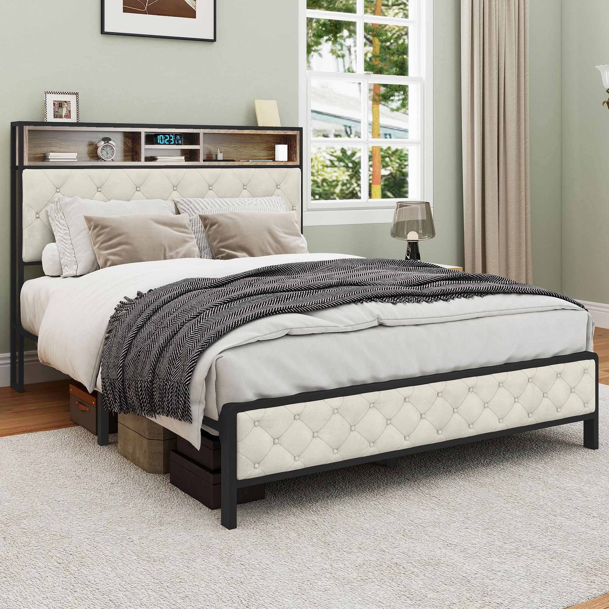 DEXTRUS Industrial Retro Style Queen Modern Linen Bed Frame with Headboard