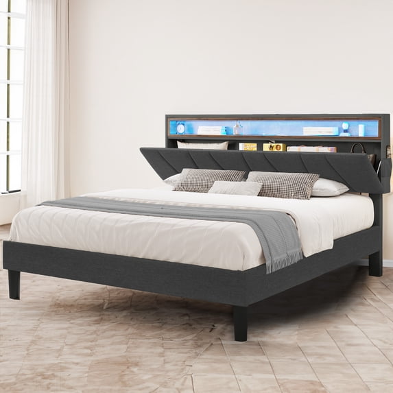 Dextrus Queen Size LED&Upholstered Headboard Bed Frame, No Box Spring Needed, Grey