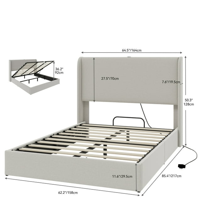 Queen Size Lift Up Storage Bed With Wingback Headboard - Velvet Upholstery, Hydraulic Lift, Holds 1000Lbs