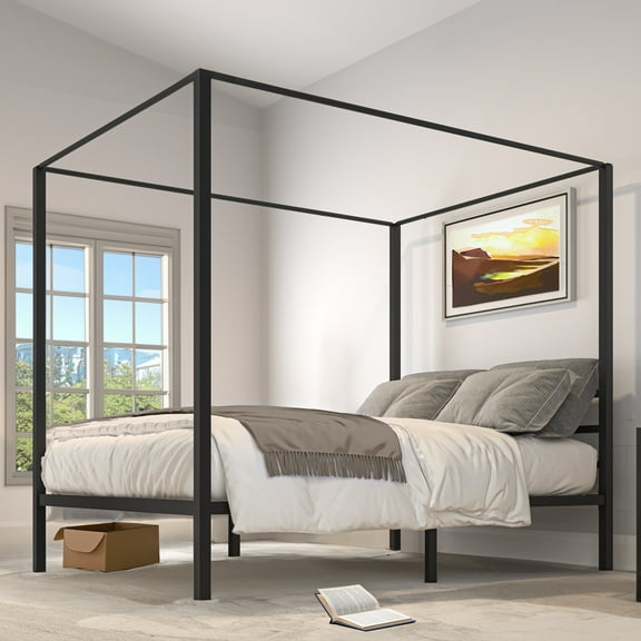 Dextrus Queen Size Metal Canopy Bed with Headboard for Adults and Teens, Black