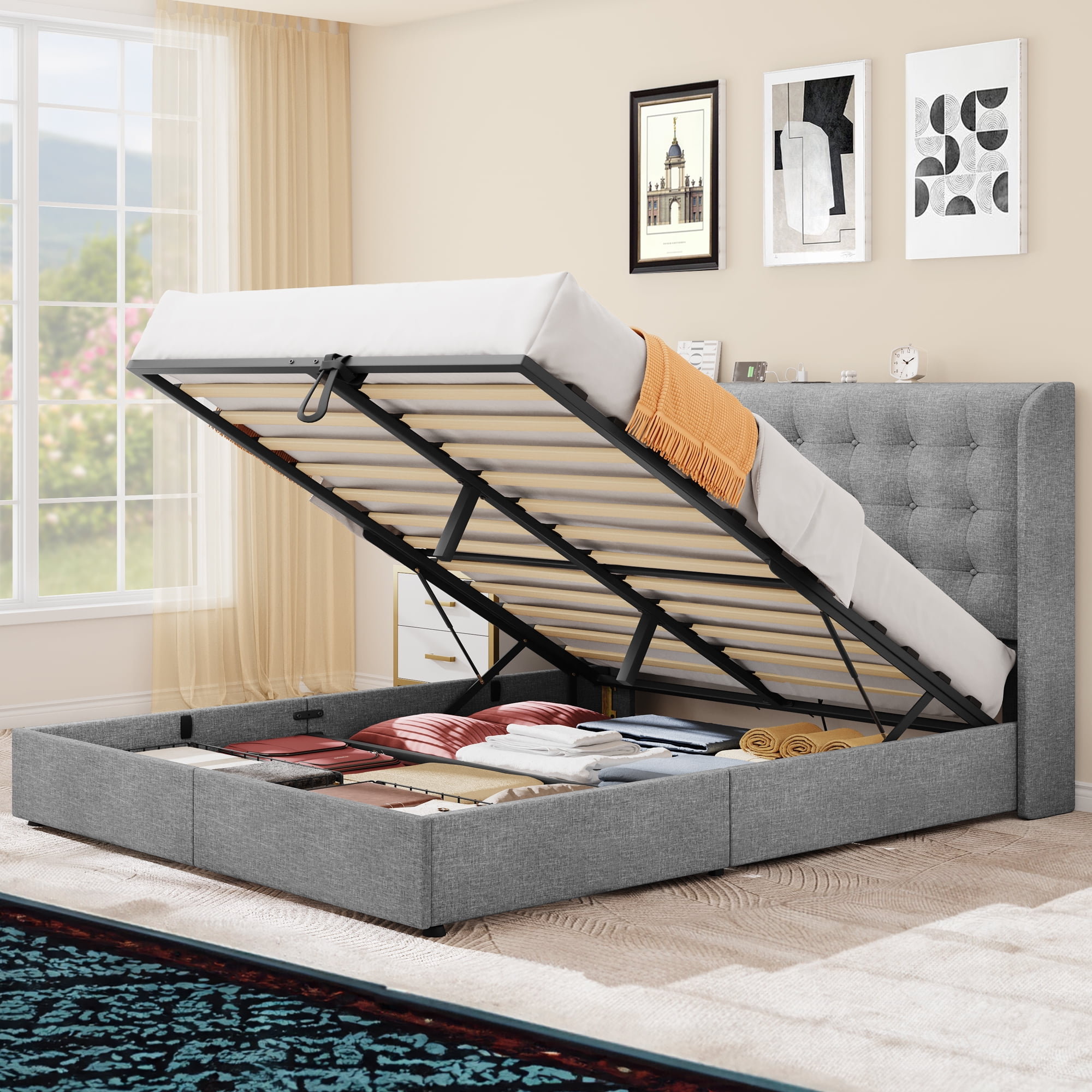 Dextrus Queen Size Platform Bed Frame with Hydraulic Lift Storage No Box Spring Required Gray