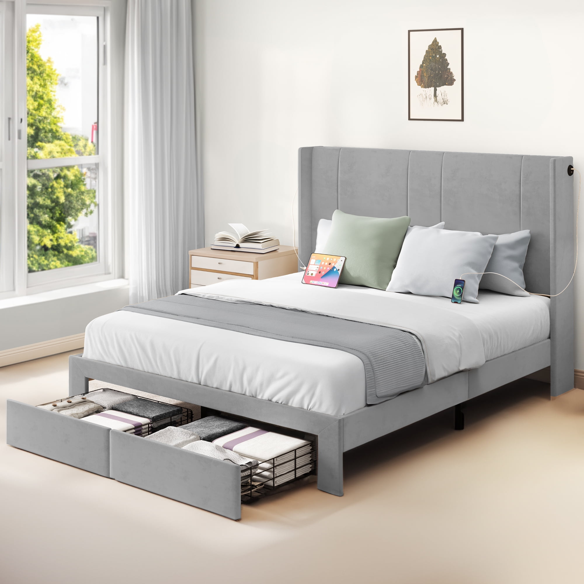 Dextrus Queen Size Upholstered Bed Frame, Platform Bed Frame with ...