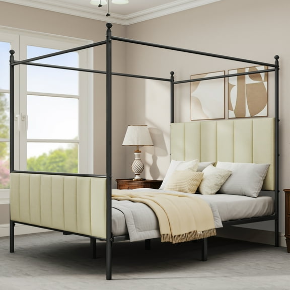 Dextrus-Queen Size Upholstered Metal Canopy Bed Frame, Strong Metal Slat Mattress Support, Beige