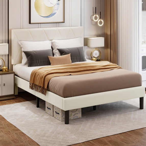 DEXTRUS Queen Upholstered Bed Frame with Adjustable Headboard, Beige