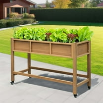 Dextrus Raised Garden Bed 47x18x31in Wood Mobile Elevated Planter Box Stand With Lockable Wheel, Shelf, Liner - Brown