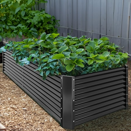 Dextrus Raised Garden Bed Kit, 8x4x2 ft, Metal Planter Box with Gloves, Ground Nails, Support Rod, Safety Edge Curling, Outdoor Patio, Dark Gray